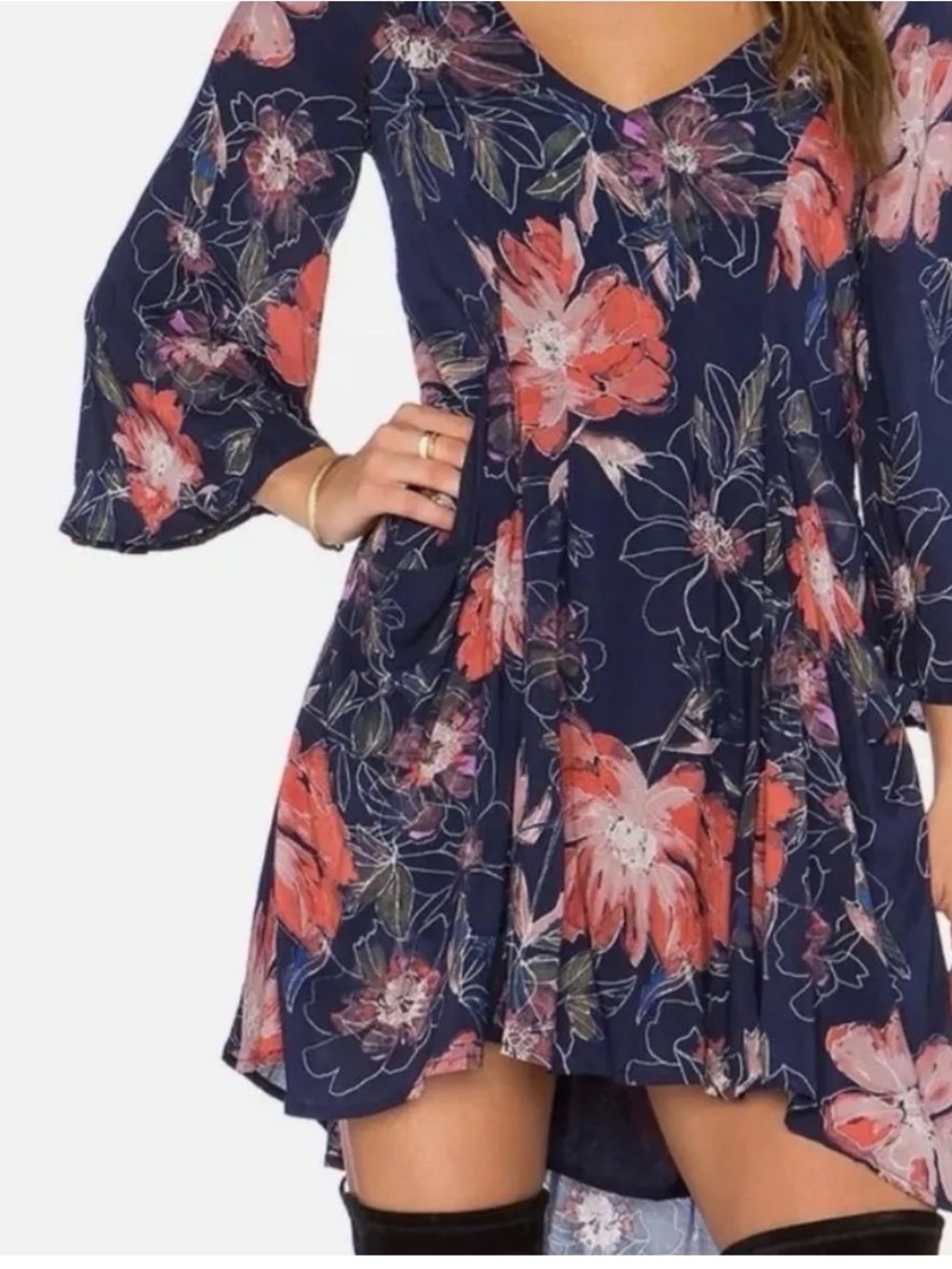 Free People Navy High-Low Floral Empire Dress with Coral Blooms